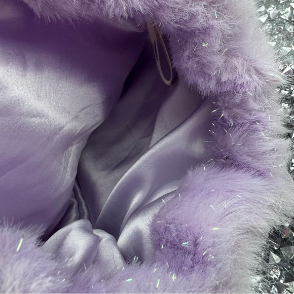 Furry backpack sparkly shimmer purple holographic Pom poms Faux Fur Backpack - Picture 8 of 9